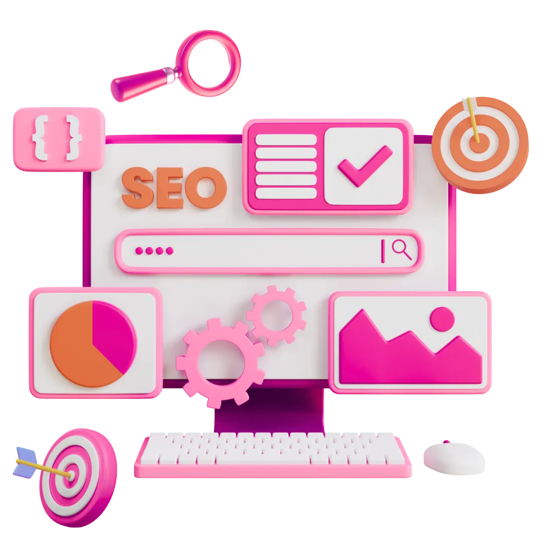 3D illustration of SEO dashboard on desktop monitor with analytics charts, target icons, and optimization tools