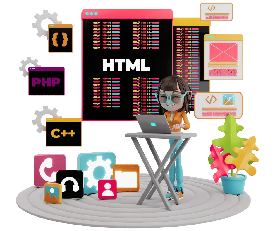 3D illustration of web developer in the Philippines coding in HTML, PHP, and C++ for modern web design and development services