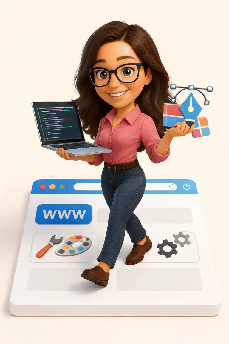 3D illustration of a female web design and development specialist holding a laptop with code and design elements, standing on a browser interface layout.