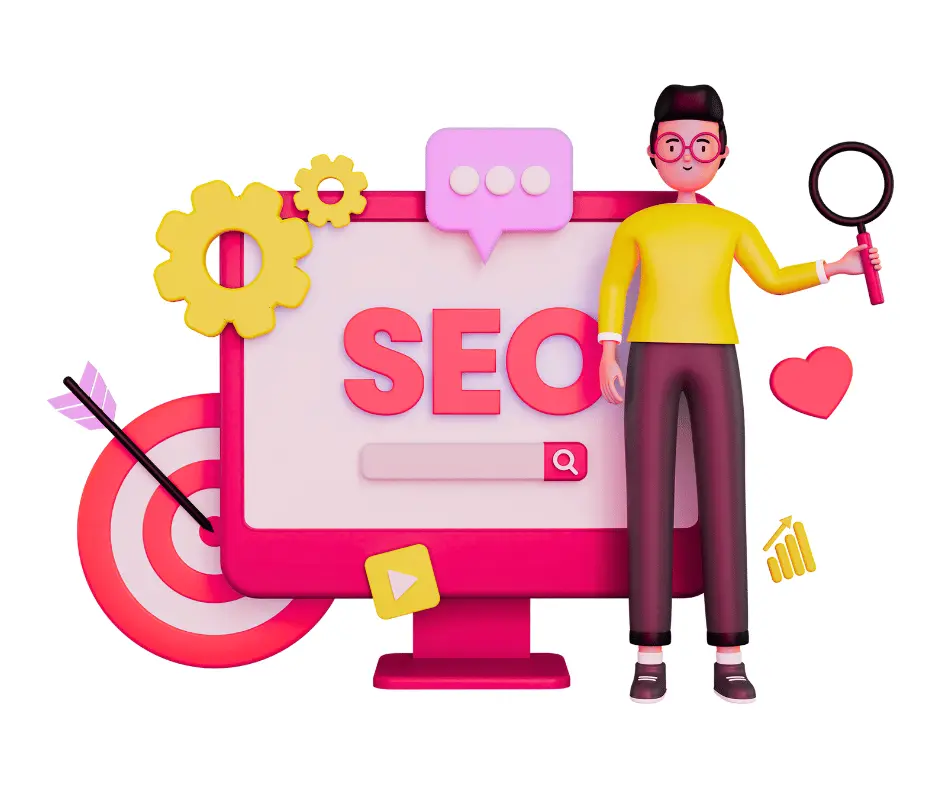 3D illustration explaining what SEO is, showing search engine optimization concept with a computer screen displaying SEO text, target icon, magnifying glass, gears, and growth chart.