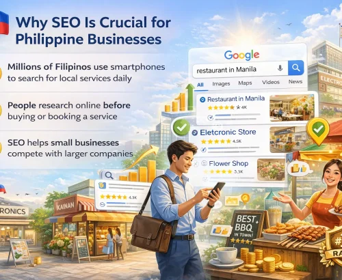 Illustration showing Google search results and local Philippine businesses ranking on page one, representing SEO strategies that signal helpful and trustworthy content to users.