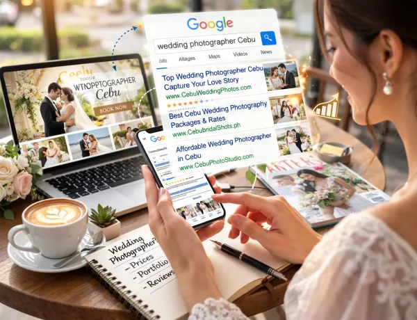 Woman searching “wedding photographer Cebu” on her smartphone showing Google search results, illustrating search engine optimization and online visibility.
